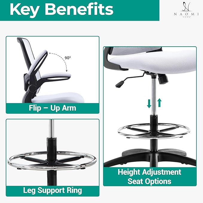 Serena Ergonomic Mesh Drafting Chair - Adjustable, Breathable Mesh, Lumbar Support, Ergonomic and Height Adjustable Flip-Top Office Chair with Foot Ring and Productivity - White