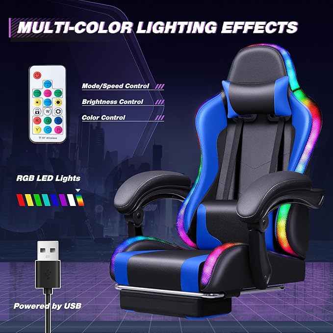 Homall Gaming Chair, Video Game Chair with Footrest and Massage Lumbar Support, Ergonomic Computer Chair Height Adjustable with Swivel Seat and Headrest (RGB Blue)