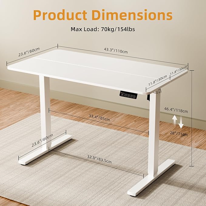 ERGOMAKER Electric Standing Desk, 43.3" x 23.6" Height Adjustable Sit Stand Desk with Splice Board for Home Office, Computer Desk Memory Preset (White Frame, White Desktop)