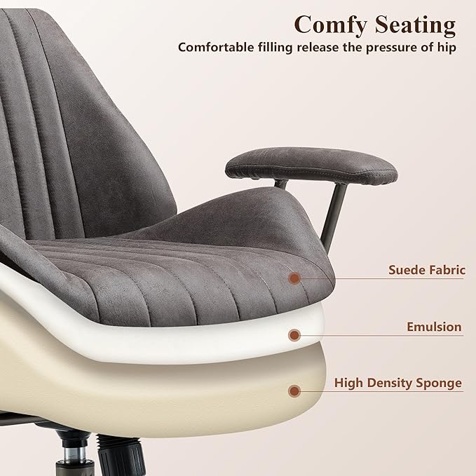 Mid Century Modren Office Chair,Mid Back Ergonomic Executive Chair with Lumbar Support, Computer Desk Swivel Task Chair with Wheels, Faux Lether Suede Fabric Home Chair, Grey