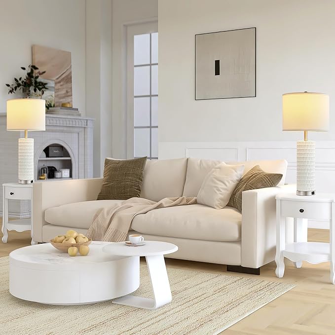 White Table Lamps Set of 2, 28" Ceramic Lamps for Living Room with USB C+A Ports, Touch Lamps for Nightstand, 2 Bulbs Included