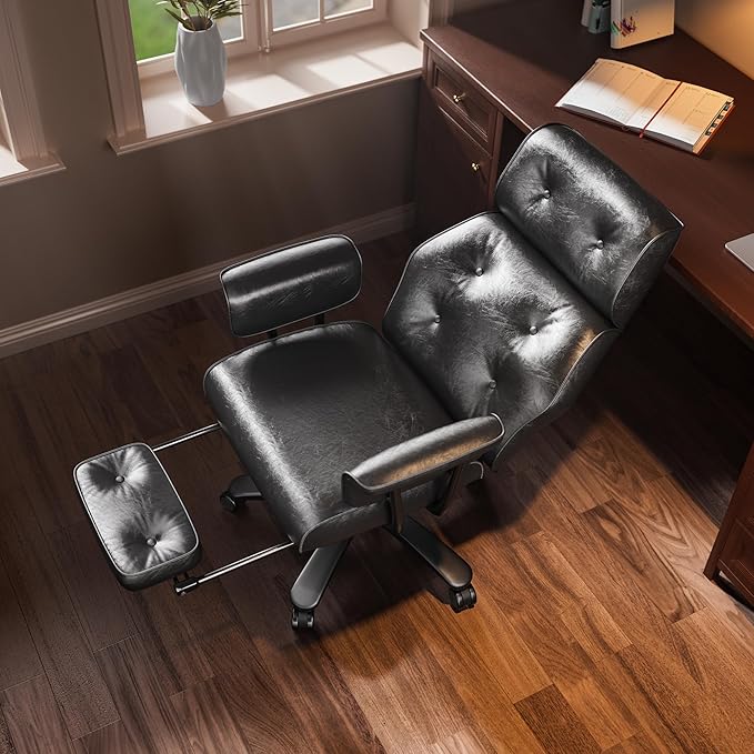 Reclining Office Chair with Footrest, Big and Tall Office Desk Chair 400lbs Wide Seat with Leather, Ergonomic High Back, Button Tufted Vintage Design, Black
