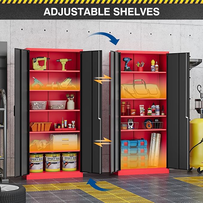 Metal Storage Cabinet-72” Tall Steel File Cabinets with Lockable Doors and Adjustable Shelves-Black&Red Steel Storage Cabinet for Home, School, Office, Garage