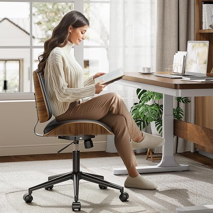 Home Office Chair with Wheels, Armless Desk Chair Adjustable Height with Lumbar Support, Swivel Rolling, Modern Walnut Backrest for Office, Small Space, Black, Lozenge Pattern