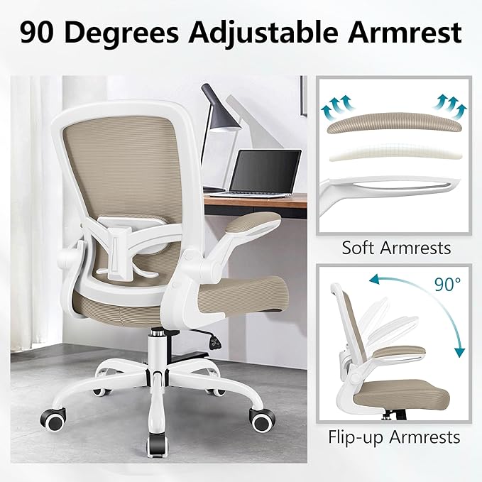 FelixKing Office Chair, Ergonomic Desk Chair Breathable Mesh Chairs Adjustable High Back Lumbar Support Flip-up Armrests, Executive Rolling Swivel Comfy Computer Chairs Home Office Khaki