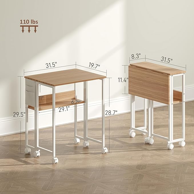 HOMCOM Small Folding Desk, Rolling Computer Desk Foldable with Storage Bag and Shelf, 31.5" Portable Writing Table on Wheels for Small Spaces, Home Office, Study, Easy Assembly, Natural Wood