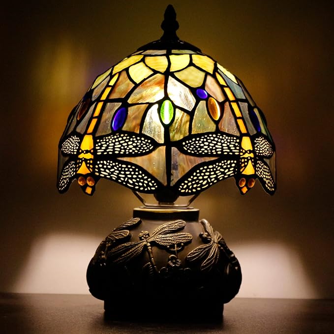 Small Tiffany Lamp Mini Stained Glass Table Lamp Brown Yellow Dragonfly Style Mushroom Desk Light Memory Sympathy Lamp 8X11 Inch