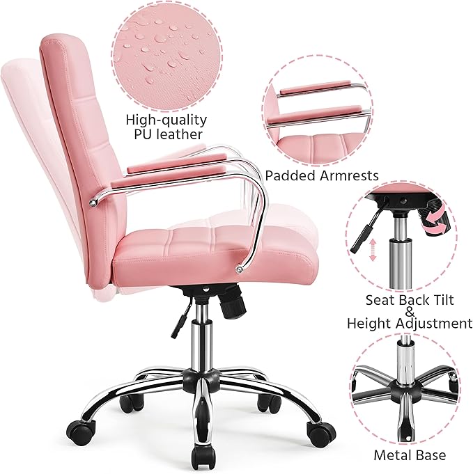 Yaheetech Mid-Back Office Chair with Arms Swivel PU Leather Height Adjustable Office Executive Chair, Pink