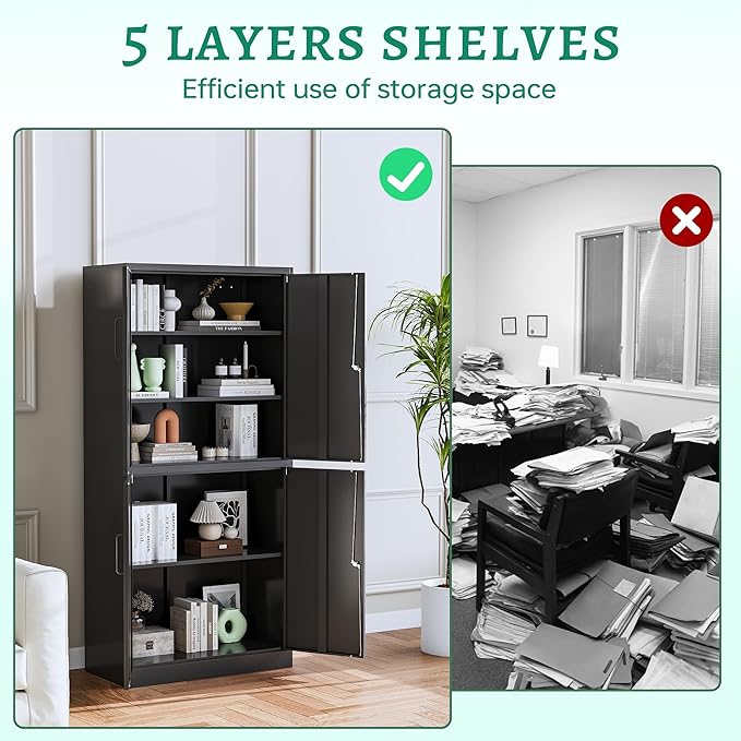 Letaya Metal Storage Cabinet with Lock Door, Adjustable Shelf Steel Cabinets for Office, Home,Pantry,Kitchen,Garage Utility Cabinet (4 Door-Black)