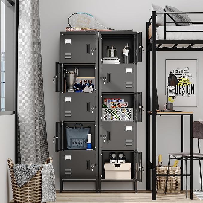 Metal Locker with Lock and Ventilation Holes,Metal Storage Locker with Business Card Slof for Home,Gym,Garage,School,Office,66" H x 15.8" W x 15.8" D Assembly Required,Black
