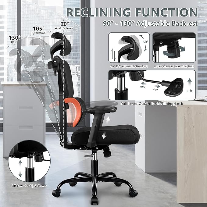 Winrise Office Desk Chair - Ergonomic High Back Reclining Gaming Chair with Breathable Mesh, Lumbar Support, Adjustable Armrests (Big and Tall - Orange)