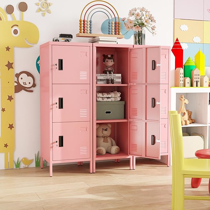 Metal Locker with Ventilation Holes, Metal Storage Cabinet with Lock and Card Slof for Home,School, Office, Gaeage,47.3" H x 15.8" W x 15.8" D,Assembly Required,Pink