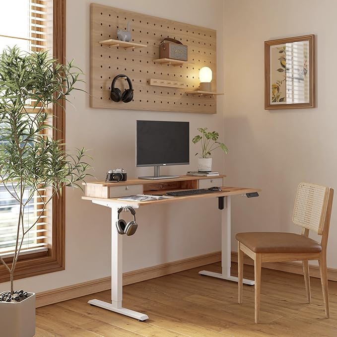 FEZIBO 48 x 24 Inch Whole-Piece Height Adjustable Standing Desk with Double Drawers, Sit Stand Desk, Home Office Stand Up Table with 4 Height-Adjustable Feets & 2 Hooks, Light Rustic Top