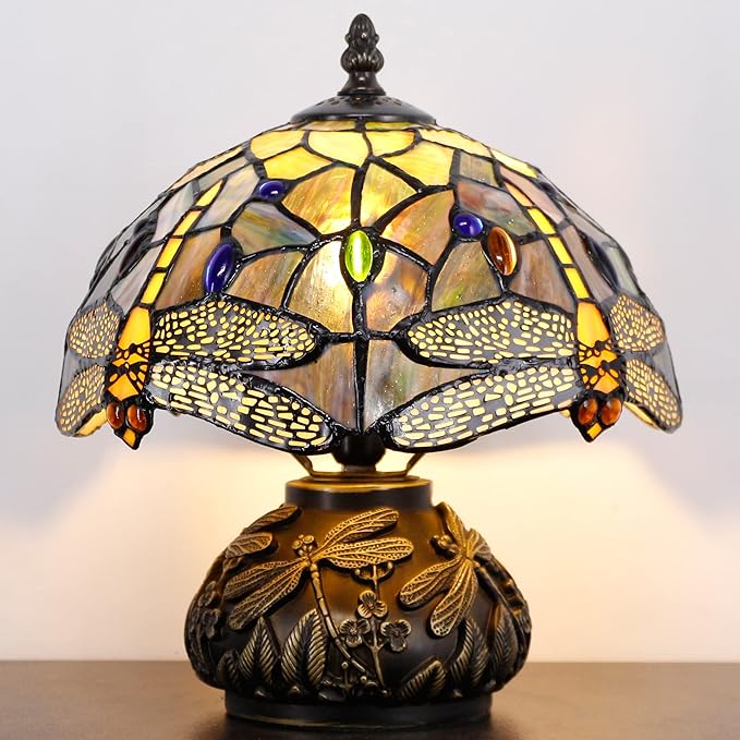 Small Tiffany Table Lamp Brown Dragonfly Style Stained Glass Desk Lamp 10X11.5 Inch Mushroom Table Light for Office Home Living Room Bedroom