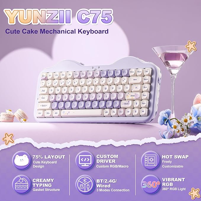 YUNZII C75 Wireless Mechanical Keyboard,75% Layout, Hot-Swappable NKRO,BT5.0/2.4G/USB-C Mode,Dye-Sub PBT MOA Keycaps,RGB Gasket Mount,Cute Cake Design for Mac/Win/Gaming (Purple, Milk V2 Switch)
