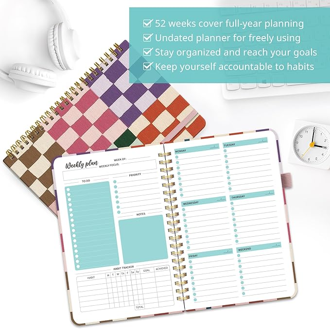 Undated Weekly Planner, Weekly To Do List Notebook with Goal & Habit Tracker Organizer, A5 Weekly Planner Notebook with Spiral Binding, 6.1" x 8.2" - Checkered