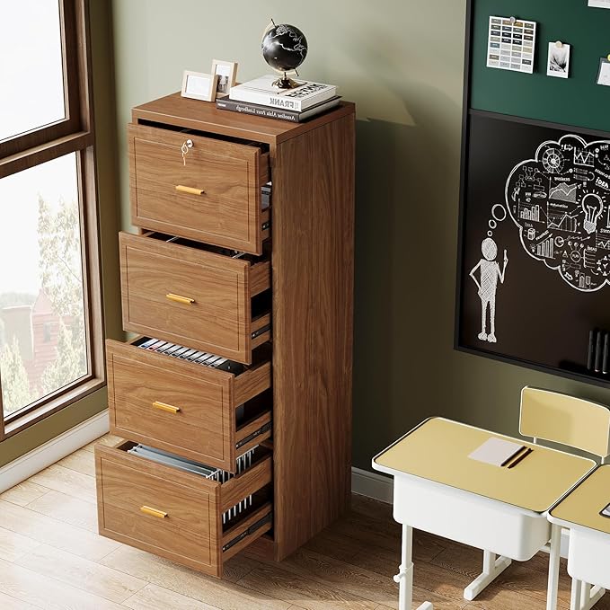 Tribesigns 4-Drawer File Cabinet with Lock, Locked File Cabinet with Key, Tall Wooden Filing Cabinets for Home Office, Vertical Office Storage for Legal Size/Letter/A4/Files, Brown (2 Pieces)