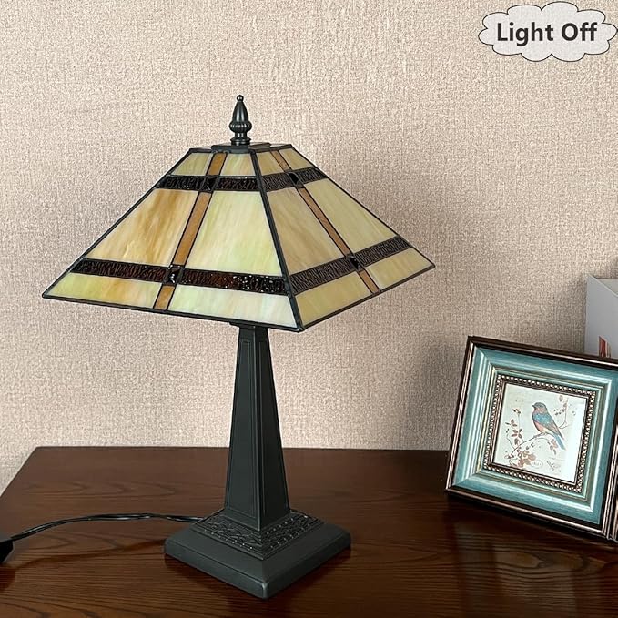 Tiffany Table Lamp,Amber Stained Glass Table Light,Antique Style Medium Size Desk Lamp Vintage Beside Reading Lamp for Living Room Bedroom Office