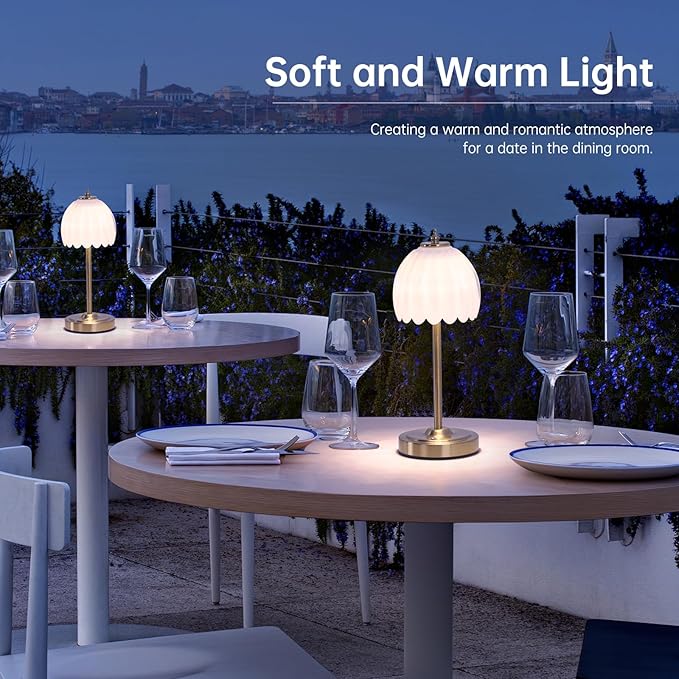 Set of 2 Cordless Table Lamp with 5000mAh Battery & Touch Control - 3 Adjustable Color Temperatures, Dimmable RechargeableTable Lamps for Bedroom, Office Desk, Nightstand (White Tulip)