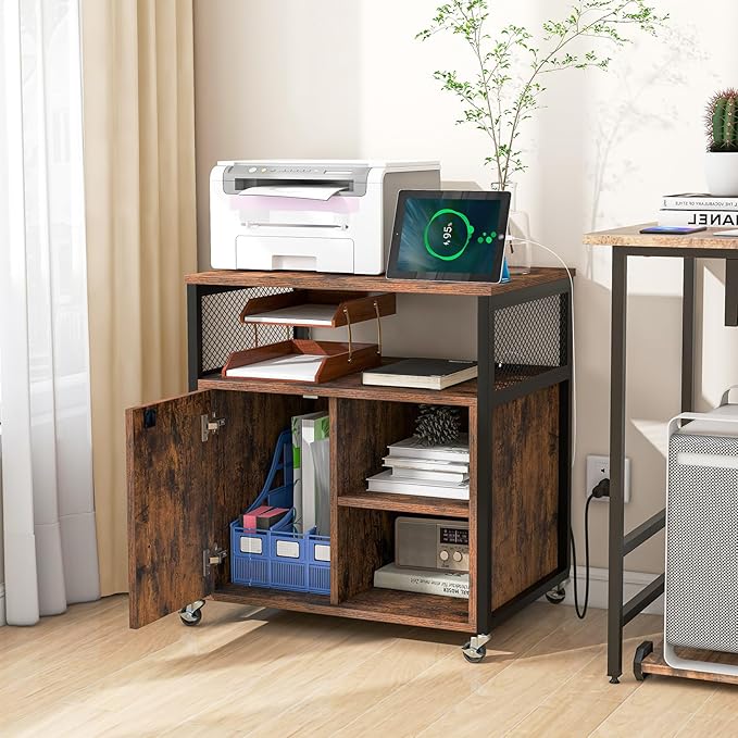 LOKO Rolling File Cabinet with Charging Station, Mobile Lateral Filing Cabinet with Lock, Adjustable Shelf, Metal Frame, Modern Printer Stand on Lockable Wheels for Home Office, Small Space (Brown)