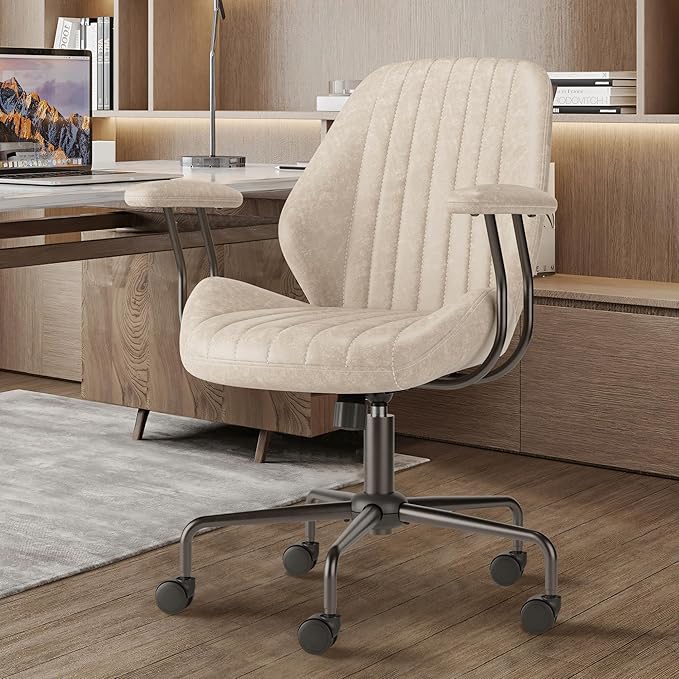 Mid Back Office Chair Mid Century Modern Executive Chair,Lumbar Support Ergonomic Home Office Desk Chair,Rolling Swivel Task Chair Task Chair Armrests Height Adjustable,350lbs (Beige)