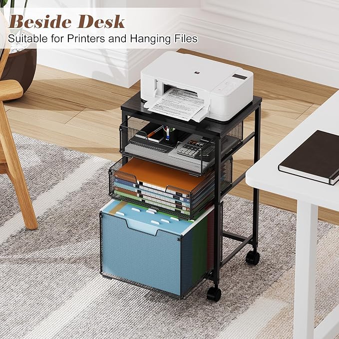 Rolling File Cart with 3 Drawers, Mobile Filing Cabinet for Home Office, Under Desk Storage Organizer with Wheels, Hanging Folder Holder Utility Cart Printer Stand, Black