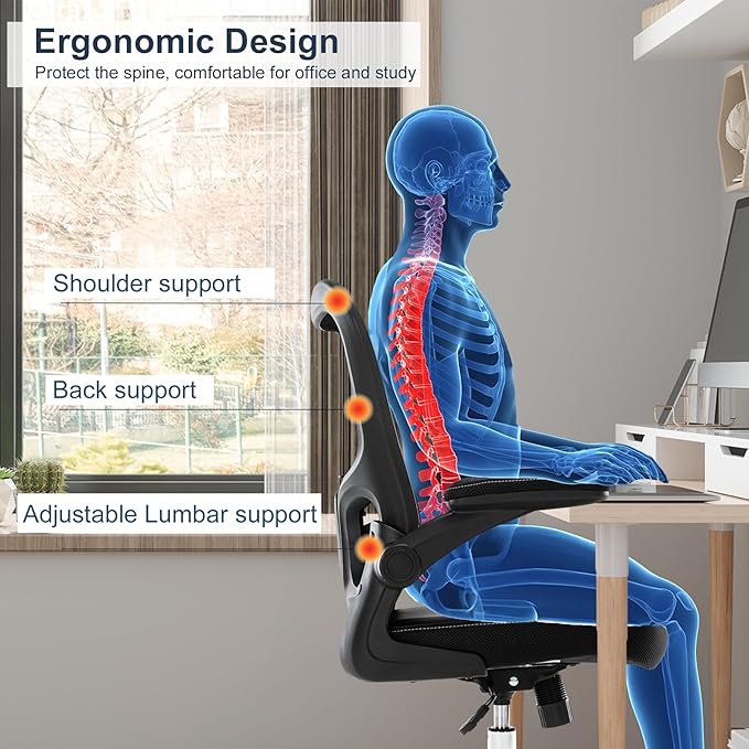 Ergonomic Office Chair with Lumbar Support, Adjustable PU Leather Computer Chair, Executive Desk Chair with Flip-up Arms, Breathable Mesh Back, Swivel Rolling Task Chair for Home Office Black