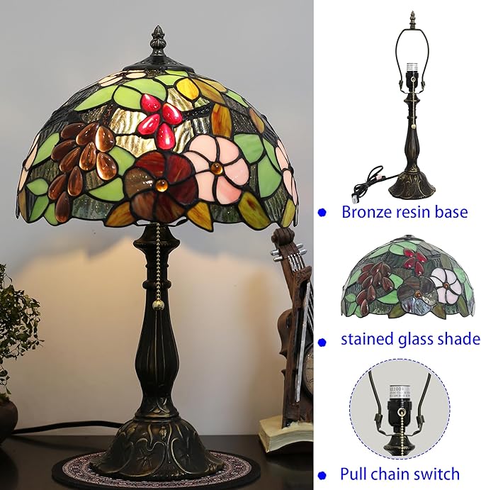 Tiffany Lamp 12-inch Grape Rose Stained Glass Lamp, Bedside Table Lamp, Suitable for Bedroom, Living Room, Home Office, Home Decor Art, E26 Bulb (Not Included in Delivery)
