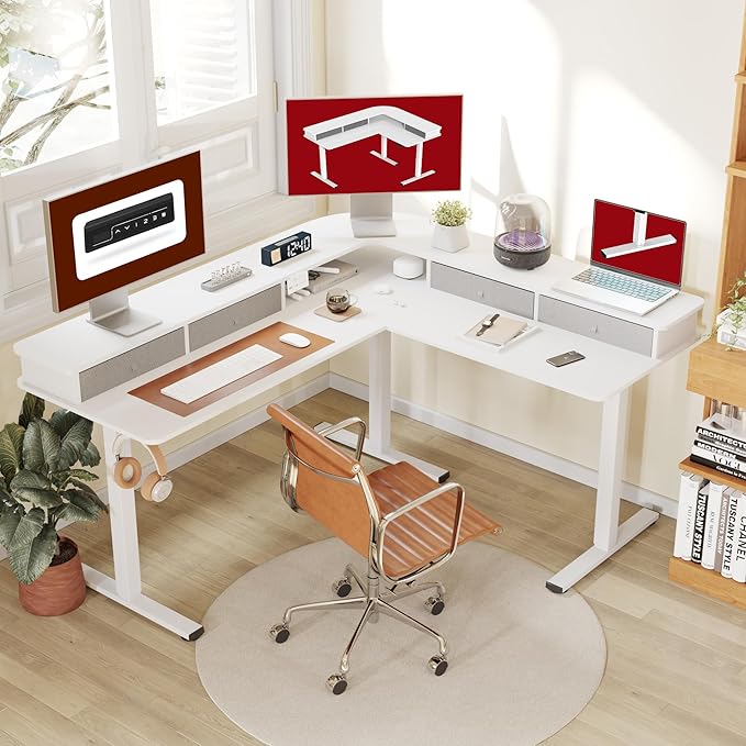 SANODESK 63" L Shaped Standing Desk with 3 Drawers, Height Adjustable Stand up Desk, Corner Gaming Desk with Monitor Stand, White Frame/White Top