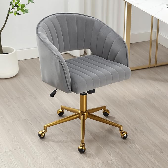 ABET Desk Chair with Wheels, Velvet Home Office Chair, Swivel Armchair Gold Base, Upholstered Modern Accent Chairs, Back Incline Adjustable for Living Room Bedroom Vanity, Grey