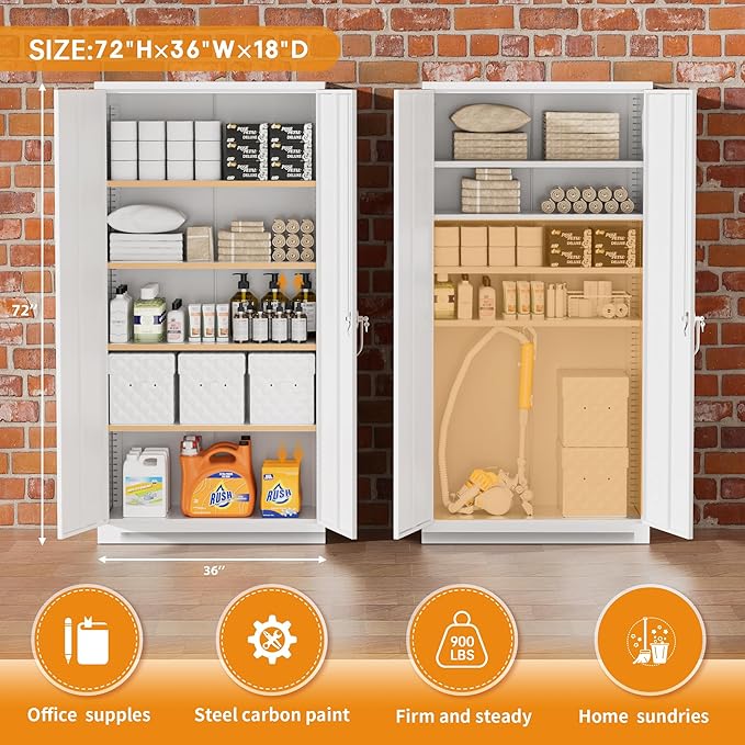 Greenvelly White Metal Cabinet, 72" H Steel Lockable Metal Storage Cabinet with 2 Doors and Adjustable Shelves,Tall Tool Organizer for Office,Home, Garage, Gym, School