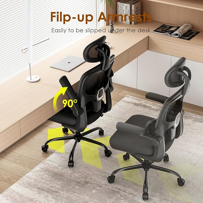 Soohow Ergonomic Office Chair, High Back Desk Chair with Flip-Up Armrest and Adjustable Lumbar Support, Computer Chair for Home and Office