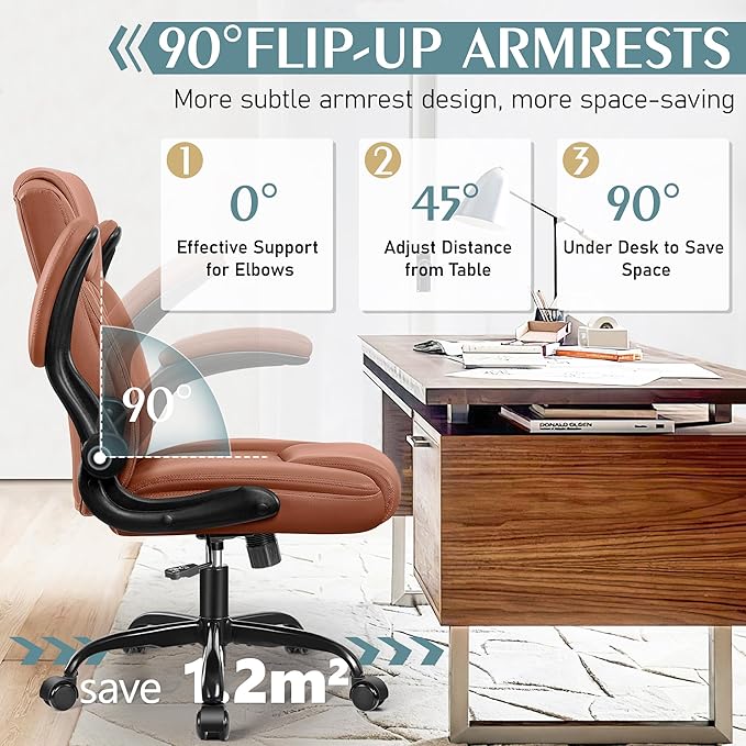 Leather Office Chair, PU Home Computer Desk Chairs with Ergonomic Back Support, 360°Swivel Free,Small Gaming Chair with Wheels and Adjustable Armrests, for Short People Use, Brown