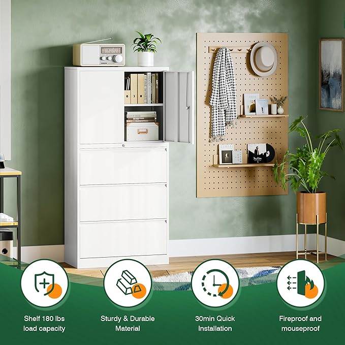Letaya 3 Drawer Metal Storage Cabinets for Home Office,File Cabinet with Lock and 2 Adjust Shelves-Hang Filing Legal/Letter/A4/F4 Size(White)