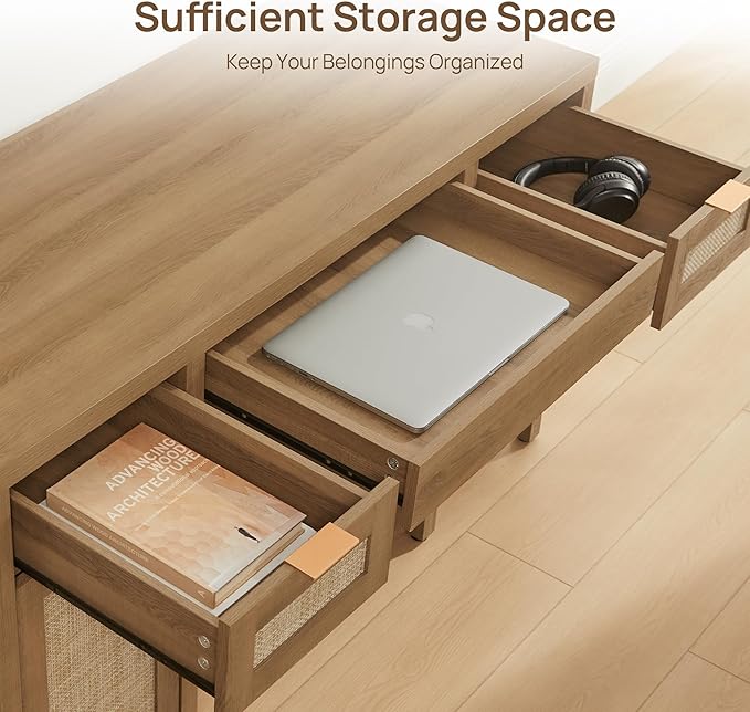 SICOTAS 52" Home Office Desk with Storage - Rattan Executive Desk with 3 Drawers and 2 Cabinets, Farmhouse Boho Larger Computer Writing Table for Study, Office, Living Room, Oak