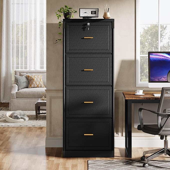Tribesigns 4-Drawer File Cabinet with Lock, Locked File Cabinet with Key, Tall Wooden Filing Cabinets for Home Office, Vertical Office Storage for Legal Size/Letter/A4/Files, Black (2 Piece)