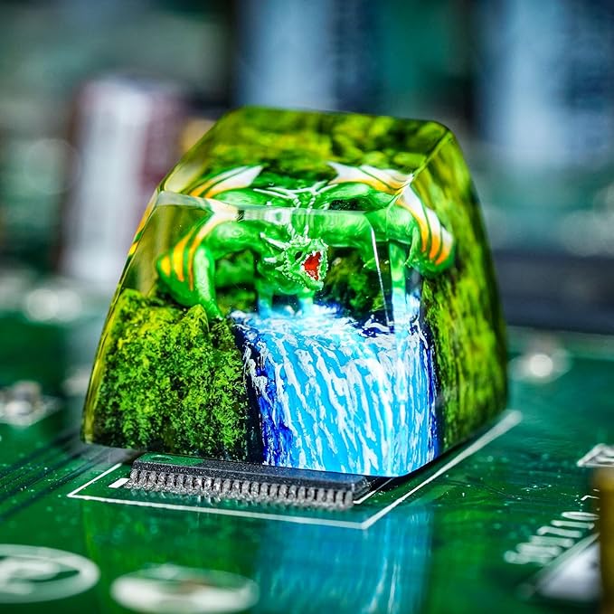 Green Dragon with Waterfall Artisan Keycap R1 SA Profile Custom Fantasy Dragon Keycaps 1U ESC Handmade Gaming Resin Key Cap Cherry MX Switch Compatible Mechanical Keyboard Gift for Dragon Lover