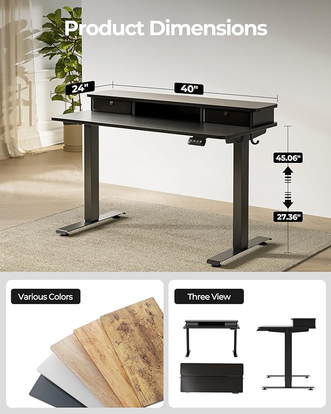 FEZIBO 40 x 24 Inch Height Adjustable Electric Standing Desk with Double Drawer, Computer Desk, Home Office Stand Up Table with 4 Height-Adjustable Feets & 2 Hooks, Black
