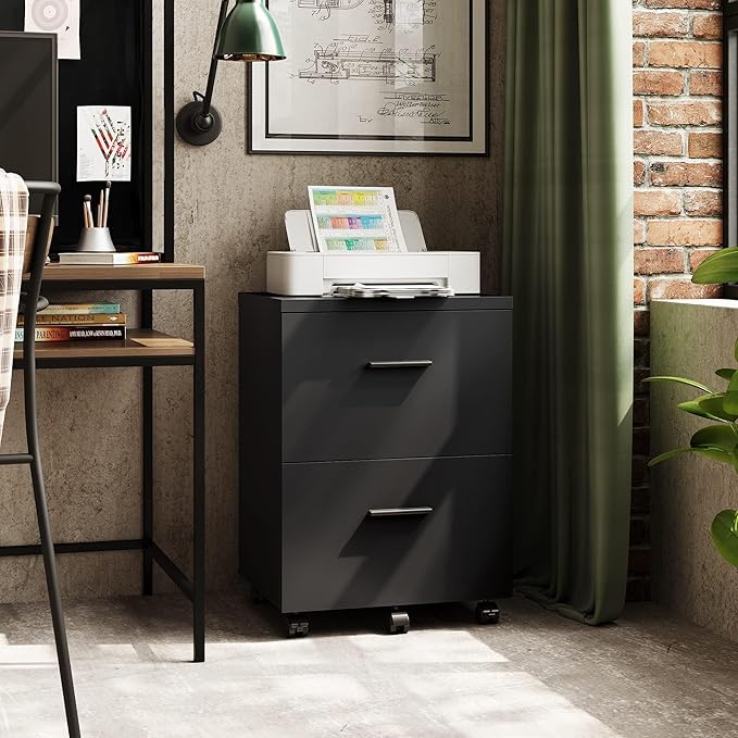 DEVAISE Wood File Cabinet, 2 Drawer Filing Cabinet for Home Office, Vertical File Cabinets with Wheels fits A4/Letter/Legal Size File, Black