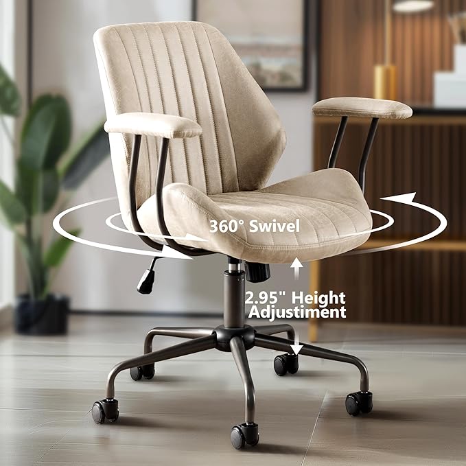 Mid Century Modren Office Chair,Mid Back Ergonomic Executive Chair with Lumbar Support, Computer Desk Swivel Task Chair with Wheels, Faux Lether Suede Fabric Home Chair (Beige)