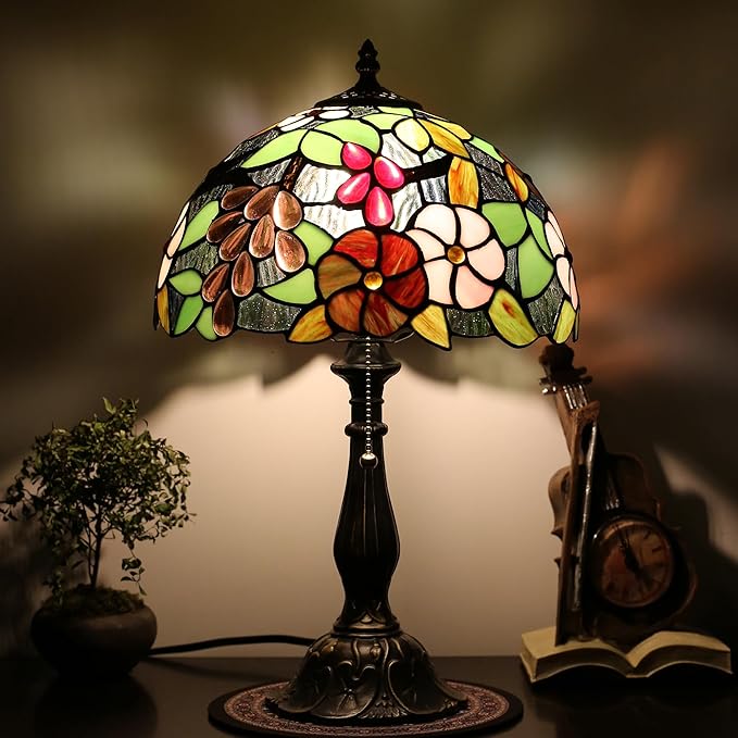 Tiffany Lamp 12-inch Grape Rose Stained Glass Lamp, Bedside Table Lamp, Suitable for Bedroom, Living Room, Home Office, Home Decor Art, E26 Bulb (Not Included in Delivery)