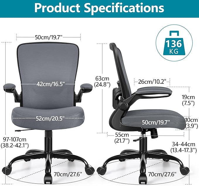 FelixKing Office Chair, Ergonomic Desk Chair Breathable Mesh Chairs Adjustable High Back Lumbar Support Flip-up Armrests, Executive Rolling Swivel Comfy Computer Chairs Home Office Dark Gray