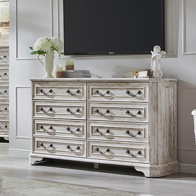 T4TREAM Farmhouse 8 Drawers Dresser for Bedroom, 54" Wide Wood Rustic Chest of Drawers with Natural Texture, Vintage Design, Storage Dressers Organizer for Bedroom, Living Room, Distressed White
