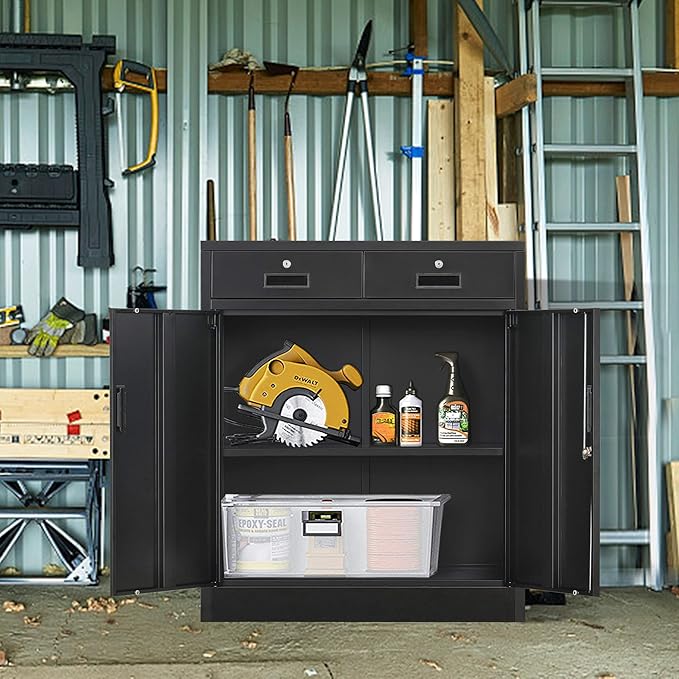 Metal Storage Cabinet, 36" H Locking Storage Cabinet with Two Drawers and Adjustable Shelf, Metal Cabinets for Office, Garage, Home-Black