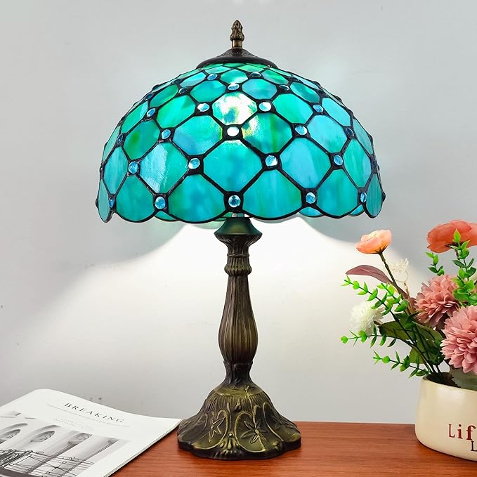 Tiffany Lamp Stained Glass Table Lamp Antique Bedside Desk Reading Light 3-Way Color LED Living Room Nightstand Light 12X12X19 Inches Home Office Desk Light