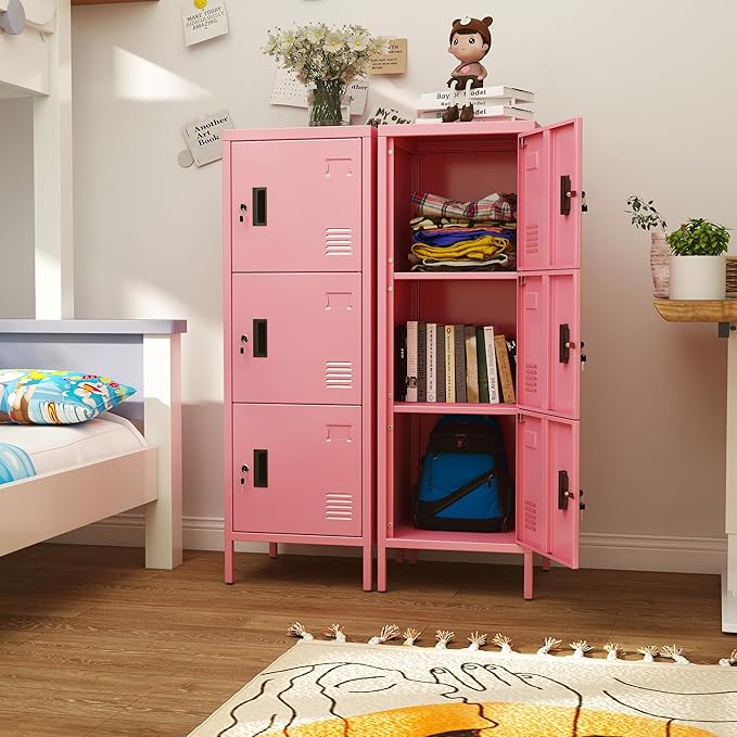 Metal Locker with Ventilation Holes, Metal Storage Cabinet with Lock and Card Slof for Home,School, Office, Gaeage,47.3" H x 15.8" W x 15.8" D,Assembly Required,Pink