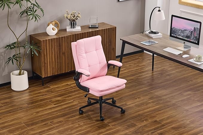 VINGLI Comfy Pink Leather Office Desk Chair,High-Back Ergonomic Computer Small Gaming Chair with/No Wheels,Adjustable Height,Flip-Up Arms,360° Swivel for Vanity,Home Office,Adults,Teen,Girls&Women
