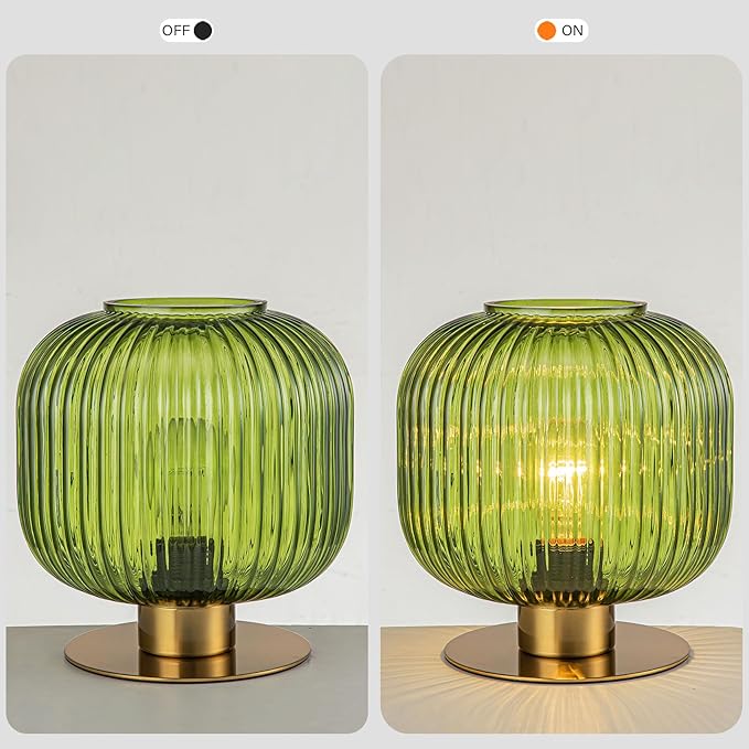 Green Table Lamp Glass Table Lamps Mid Century Modern Table Lamp Gold Bedside Lamp Vintage Nightstand Lamp with Ribbed Globe Shade Brass Desk Lamp Small Side Table Lamps for Bedroom Living Room