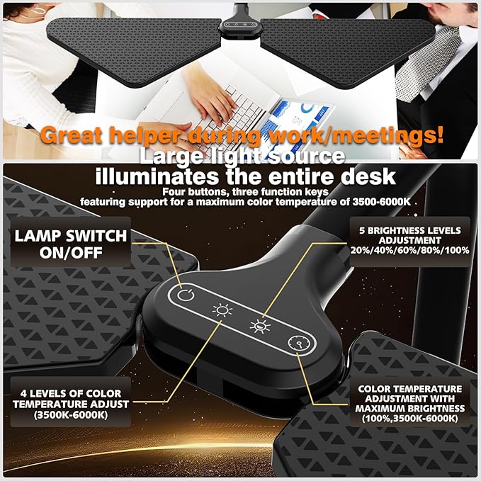 Ultra-Large Dual-Source Clamp-On Gooseneck Desk Lamp | Super Bright LED Study Light with Flexible Arms, 5 Brightness & 4 Color Modes for Home Office/Reading/Gift