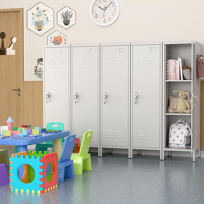 Metal Lockers for Employees with Handle,Metal Storage Locker with 2 Pegboard & 5 Hooks for Gym, School, Office,Home,Garage,White